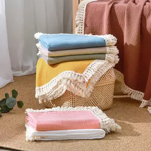 80cm*65cm Solid Color Lace Fringe Blanket, Dual Layer Wrinkle Fabric Breathable Decorative Throw Blanket, Single Piece, Cozy Throw Blanket