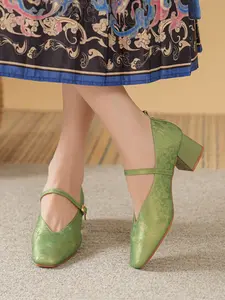 Women's Open-Toe Soft Sole Leather Shoes, Vintage Chinese Style Low Heel Mary Jane Flats, Elegant Commuter Shoes for Work and Casual Wear