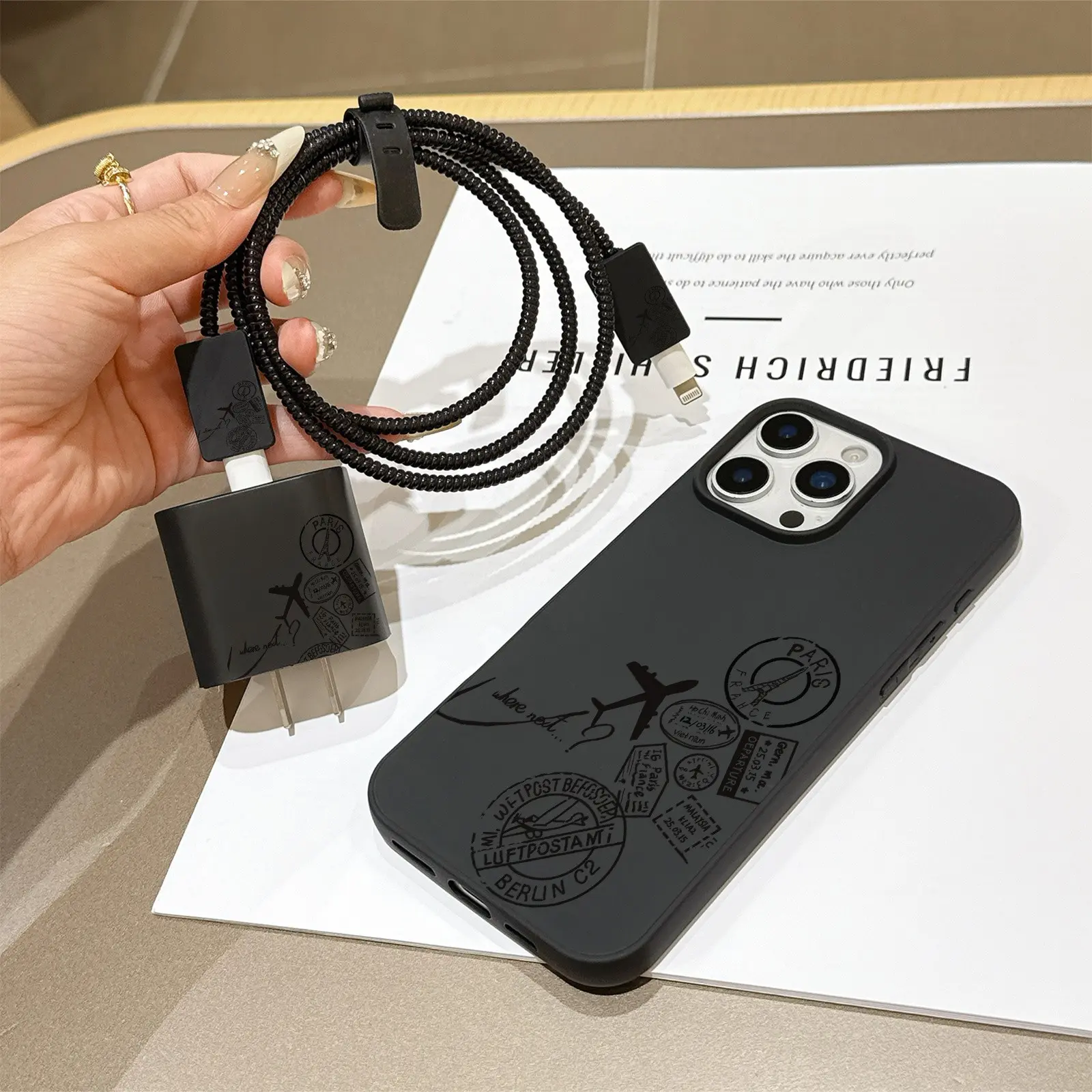 6 Piece Set Liquid Airplane Label Phone Case Pattern, Charger Head Cover, Cable Protector, Storage Rope, Data Line Protection for iPhone