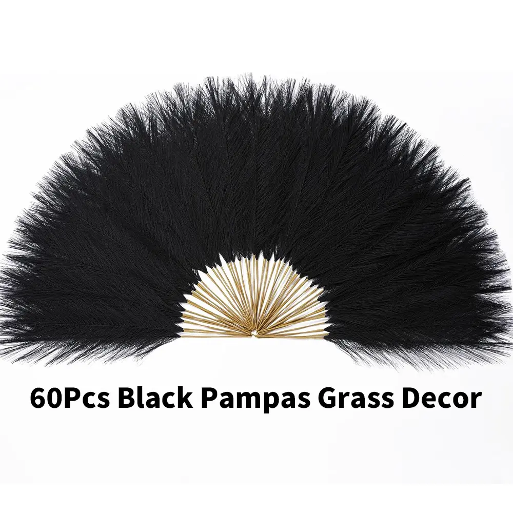 60 Pcs Pampas Grass, 17.7" Black Pampas Grass Decor, Faux Pampas Grass Home Decoration Wall Decor Vase Filler, Artificial Pampas Grass Decor for Gothic Room Decoration, Wedding, Centerpieces, Party, Halloween, and Home Decor