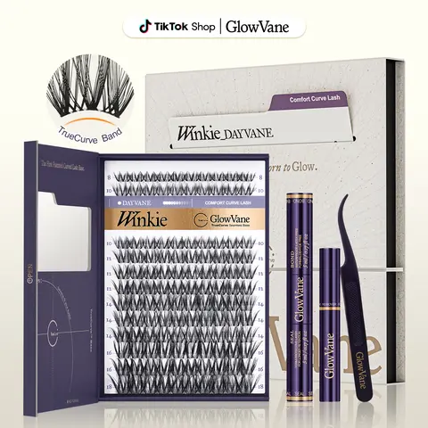 Winkie | GlowVane TrueCurve Cluster Lash Kit, Volume Wispy Black & Brown Lashes, 0.03mm Curved Band, Soft Lightweight, DD Curl, 8–18mm, Beginner-Friendly