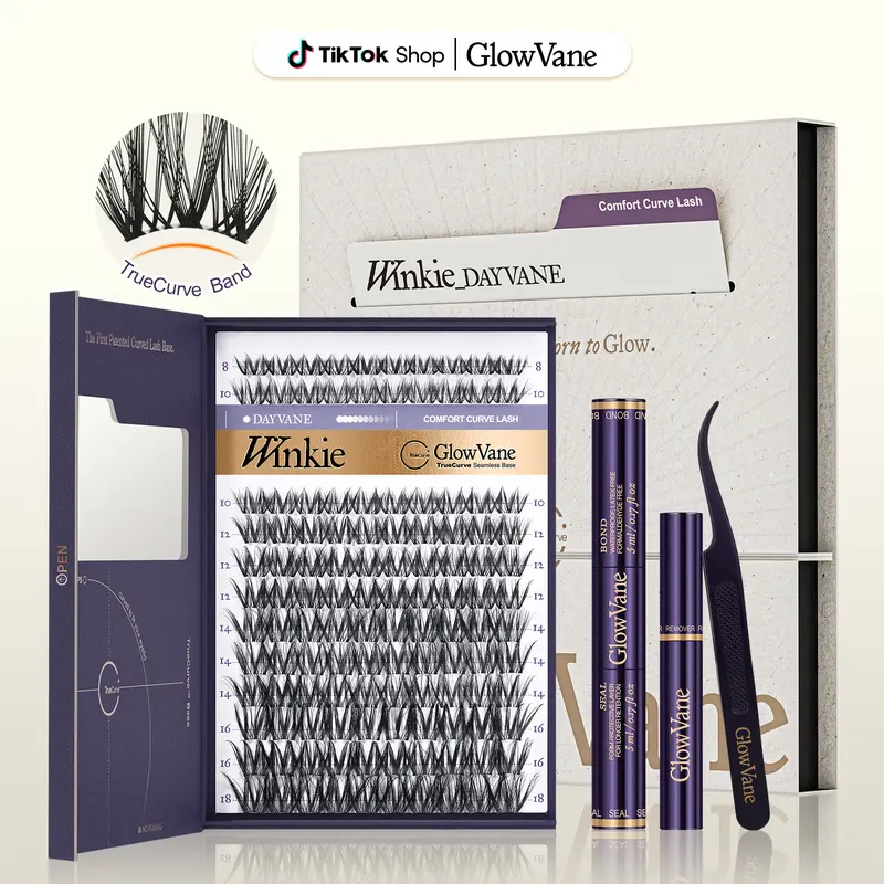 Winkie | GlowVane TrueCurve Cluster Lash Kit, Volume Wispy Black & Brown Lashes, 0.03mm Curved Band, Soft Lightweight, DD Curl, 8–18mm, Beginner-Friendly