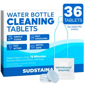 Sudstainables Water Bottle Cleaning Tablets - 36 Pack, Chlorine & Odor Free, Hydration Bladder and Water Bottle Cleaner Tablets, Removes Stubborn Stains & Odors