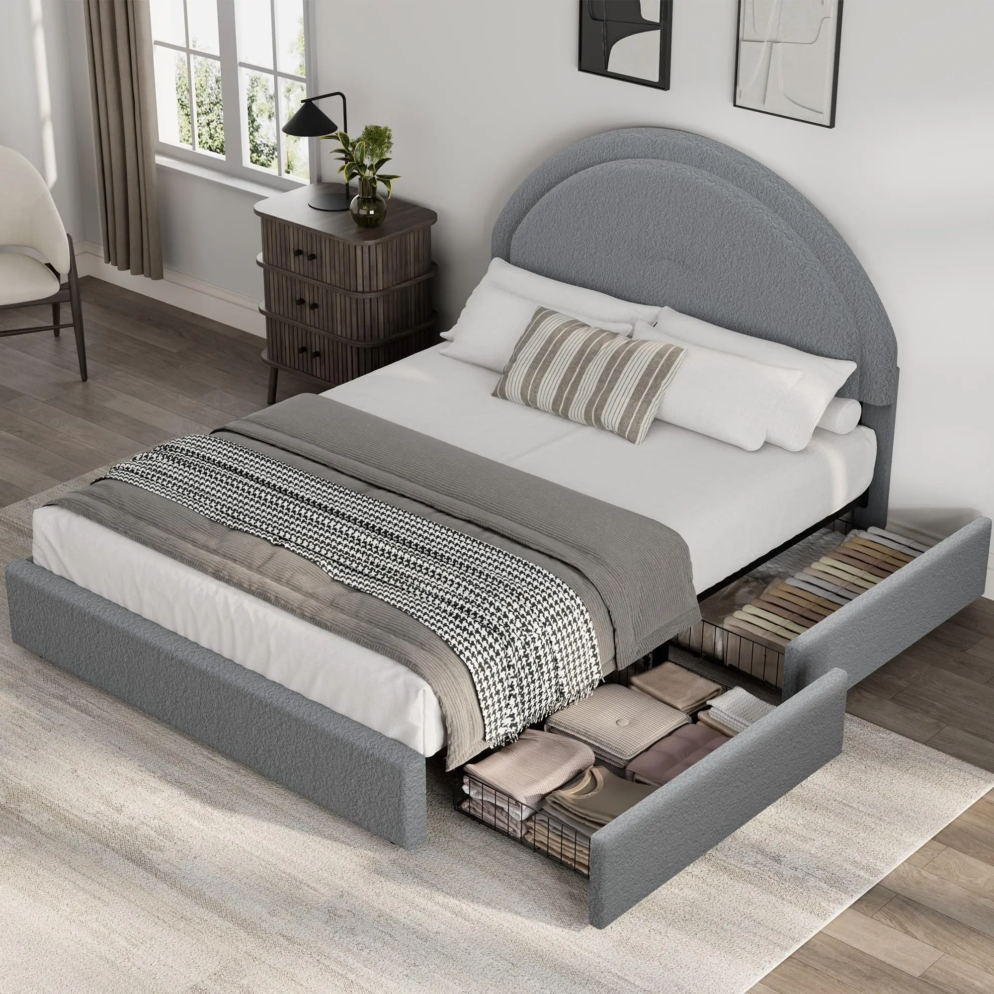 Garvee Brushed Boucle Fabric Queen Bed Frame - Round Headboard, Stable Metal Slats, Silent Support, Storage Drawers, No Box Spring Needed, Easy Assembly, 24/7 Support, 75.98"l x 60.24"w x 43.31"h, 94.8 lbs, Grey Linen, Contemporary Home Decor