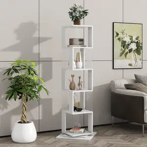 Dreamzon 5-Tier Rotating Wood Bookshelf - Modern Design Indoor Interior Furniture Bookcase with Acrylic Plate, Anti-Toppling Base, Large Capacity for Living Room, White