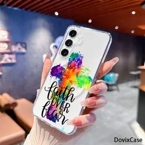 Colorful Cross with Faith Over Fear Vibrant Spirit HD Clear Shockproof Transparent Acrylic Magnetic Printed.Samsung Galaxy S26 S25 S24 S23 S22 S21 S20 Fe Plus Ultra Edge S10E A57 A56 A55 A54 A37 A36 A35 A34 A26 A25 A24 A23 A17 A16 A15 A14 A07 A06 A05s