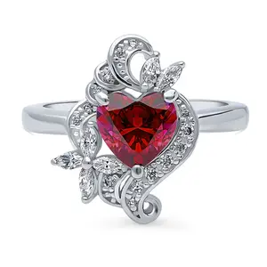 BERRICLE Sterling Silver Heart Flower Promise Rings for Her, Ruby-Red Cubic Zirconia CZ Ring