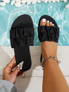 Women's Fashionable Plain Color Wide Band Slide Sandals, Casual Comfortable Flat Sandals for Summer, Boho Style Beach Slippers for Women & Girls, Walking Shoes, Footwear Strap Slides