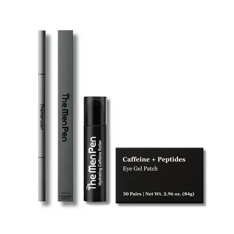 Men's Eye Care Kit - Travel-Friendly Pack with Pen+Roller+Patch, Caffeine Roller, Peptide Under Eye Patches, Waterproof Lightweight Hyaluronic Acid Gel, Hydrate & Firm, Daily Puffiness Dark Circles Treatment, Stainless Steel Night Routine Item
