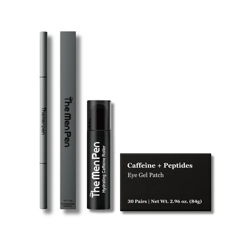 Men's Eye Care Kit - Travel-Friendly Pack with Pen+Roller+Patch, Caffeine Roller, Peptide Under Eye Patches, Waterproof Lightweight Hyaluronic Acid Gel, Hydrate & Firm, Daily Puffiness Dark Circles Treatment, Stainless Steel Night Routine Item