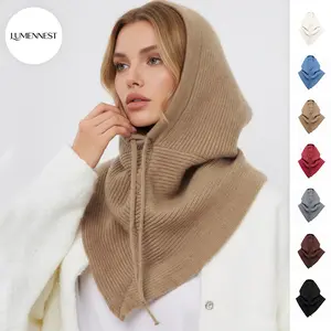 LUMENNEST Women's Leisure Thermal Drawstring Knitted Scarf Hat, Versatile Solid Color Two-In-One Windproof Neck Warmer for Fall & Winter, Classy Accessories