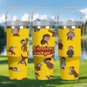1pc Curious Monkey George full-pattern stainless steel insulated water bottle, 30oz - outdoor camping coffee cup/mug, portable travel insulated bottle, suitable as an ideal holiday gift for cars, homes, offices