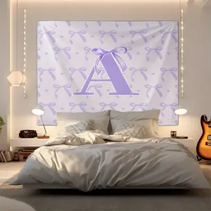Purple Letter A Bow & Heart Print Tapestry Wall Hanging, Soft Digital Print Tapestries, Aesthetic Coquette Wall Art Decor for Bedroom Dorm Living Room, Wall Tapestry Gift for Teen Girls