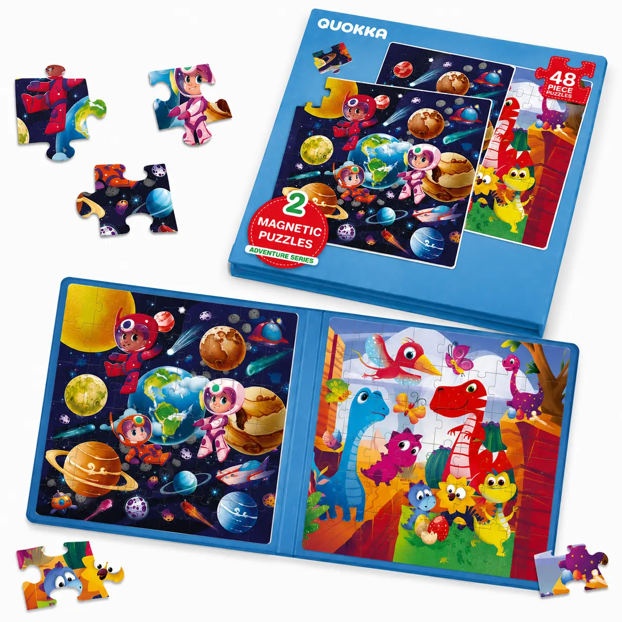 QUOKKA Magnetic Jigsaw Puzzles Book - 2 Sets of 48-Piece Creative Puzzles, Compact Magnetic Pieces, Cardboard Base, Space & Dino Themes, Travel Activity Toy for 4-6 Years Old Kids, Pieces Jigsaw Puzzles