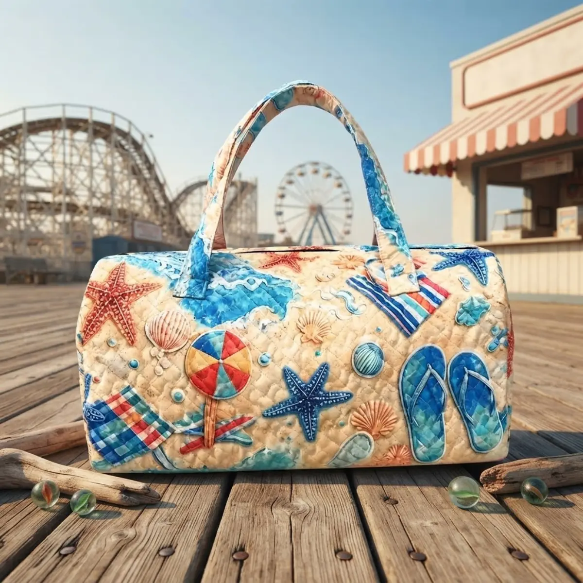 Quilted Duffle Bag for Women, Coastal Boho Weekender Travel Tote, Large Capacity Carry On Bag for Beach Vacation, Gym and Overnight Trip