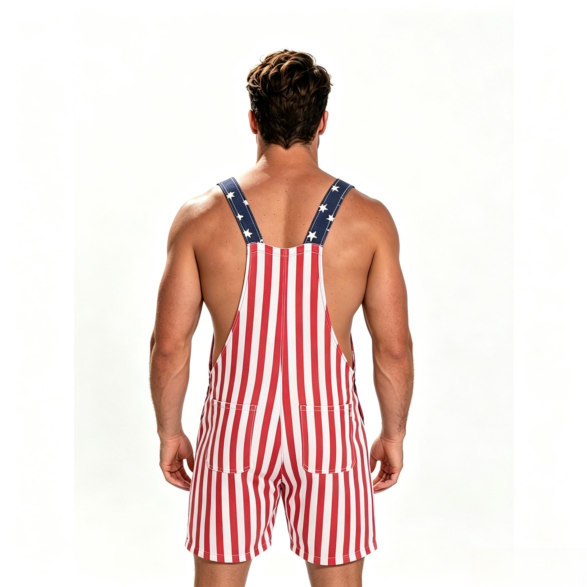 Men's Patriotic 250th Anniversary Stars-and-Stripes Flag Overalls Shorts - Menswear for Independence Day Celebration, American Flag USA 4th of July Party Wear, Work Bib Coveralls Romper Jumpsuit Gifts