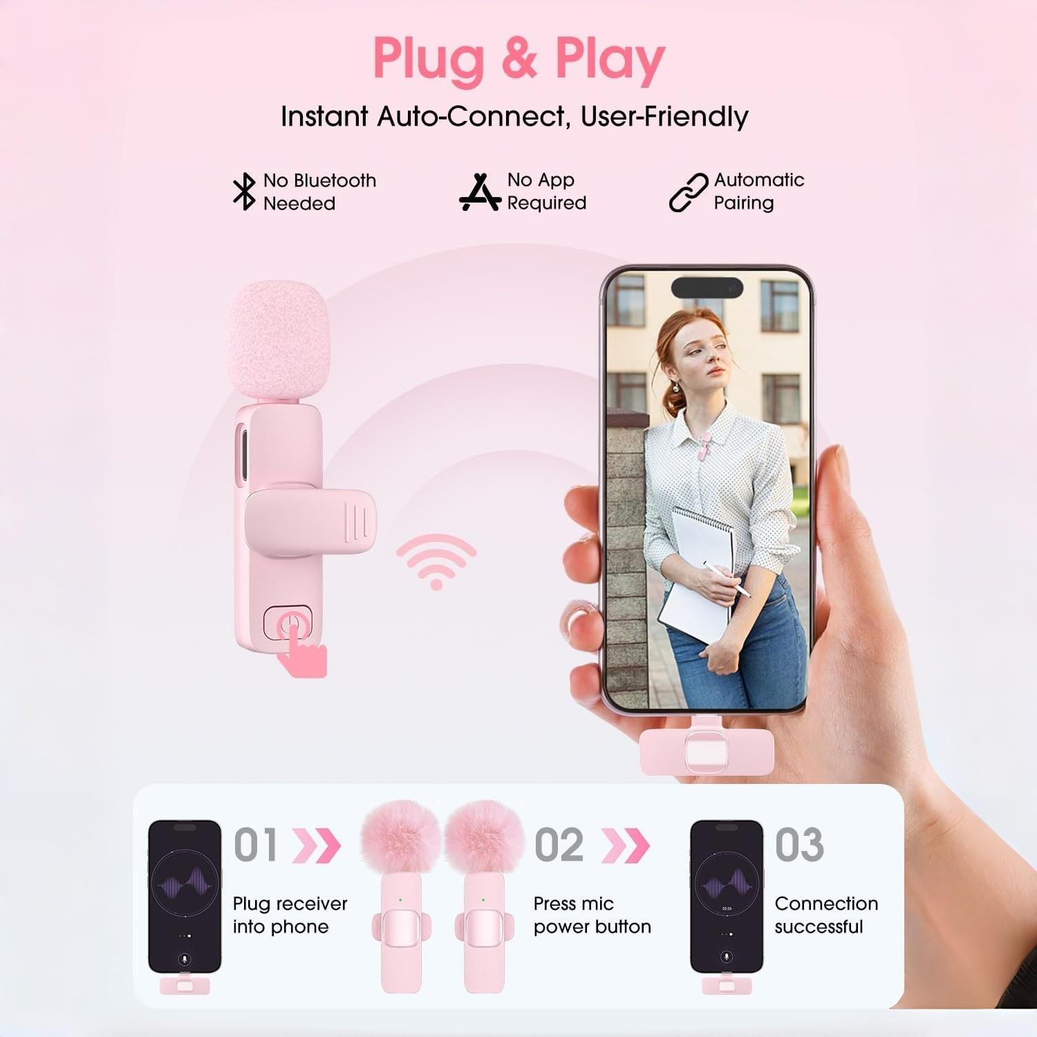 Pink Wireless Lavalier Microphone for iPhone & Android - Mini Clip-On Mic with Noise Cancellation, 65ft Range, 8H Battery, USB-C/Lightning - for TikTok, YouTube, Podcast, Live Streaming