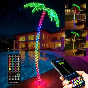 7FT Smart Lighted Palm Tree, Outdoor Artificial Palm Tree with Glowing Leaves and Rope LEDs for Outside Patio Day 4th of July, Color Changing, Timer, Waterproof, APP & Remote, Music Sync, Dimmer