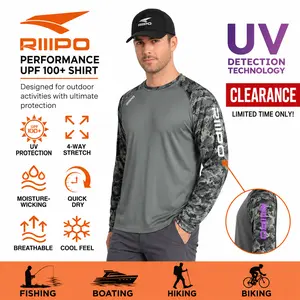 【Clearance】R30 Long Sleeve Crew Neck Sport T-Shirt w/ UV Detection Logo Thumbhole Men UPF 100+ Sun Protection Lightweight Quick Dry Moisture Wicking Breathable Cooling Athletic Activewear for Outdoor Sports Gym Workout Running Hiking Fishing Boating