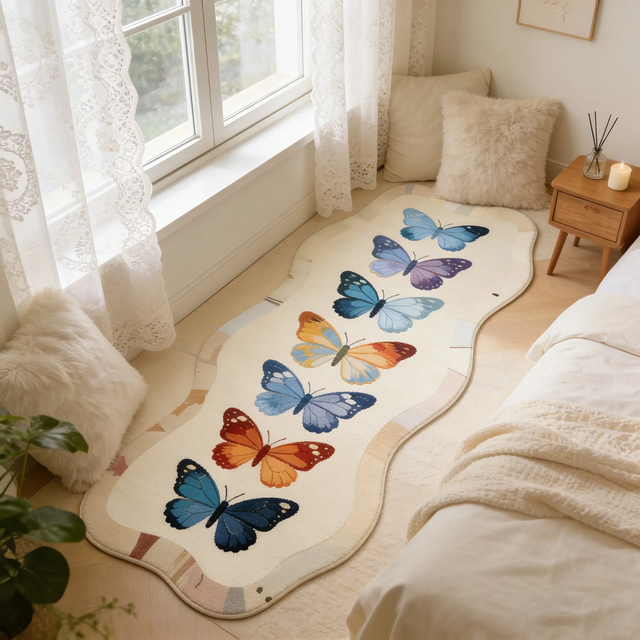 Butterfly Area Rug, Indoor Rug, Fluffy bedroom rug, Bedroom Bedside Rug, Soft comfortable bedroom mat, Decorative rug for a girl's room, Soft comfortable foot pads, Suitable for living room, bedroom, porch