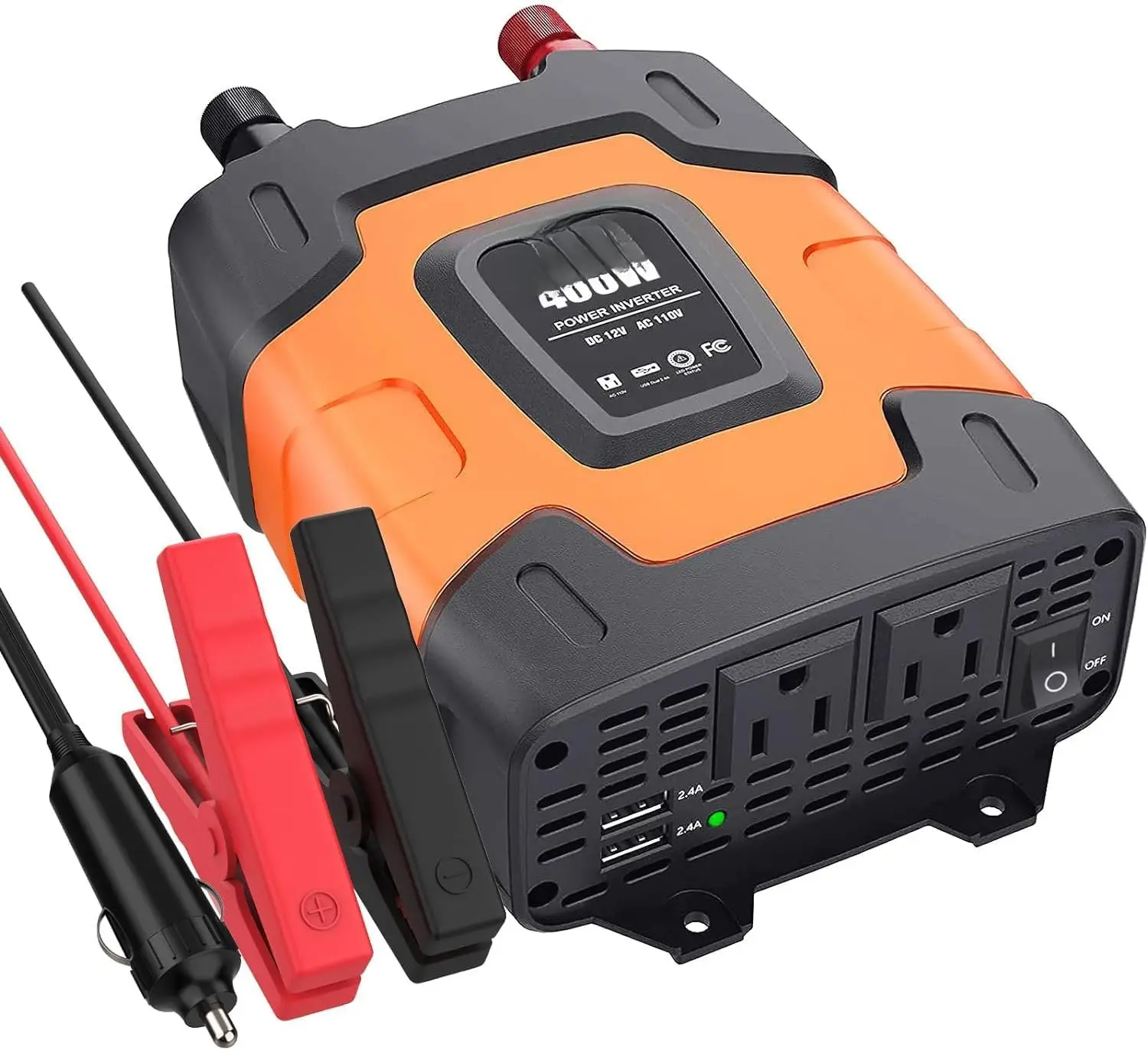 400W Power Inverter 4.8A Dual USB Ports 2 AC Outlets  Inverter DC 12V to AC 110V 11 Protections for Devices