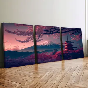 3Pcs Wooden Framed Canvas Painting, Japanese Mount Fuji Pagoda Cherry Blossom Scene, Exquisite Poster, Home Decoration, Pattern Wall Art Decor, For Living Room, Bedroom, Office, Restaurant, Bar Wall Decor, Odorless, Painting, Print Artwork.