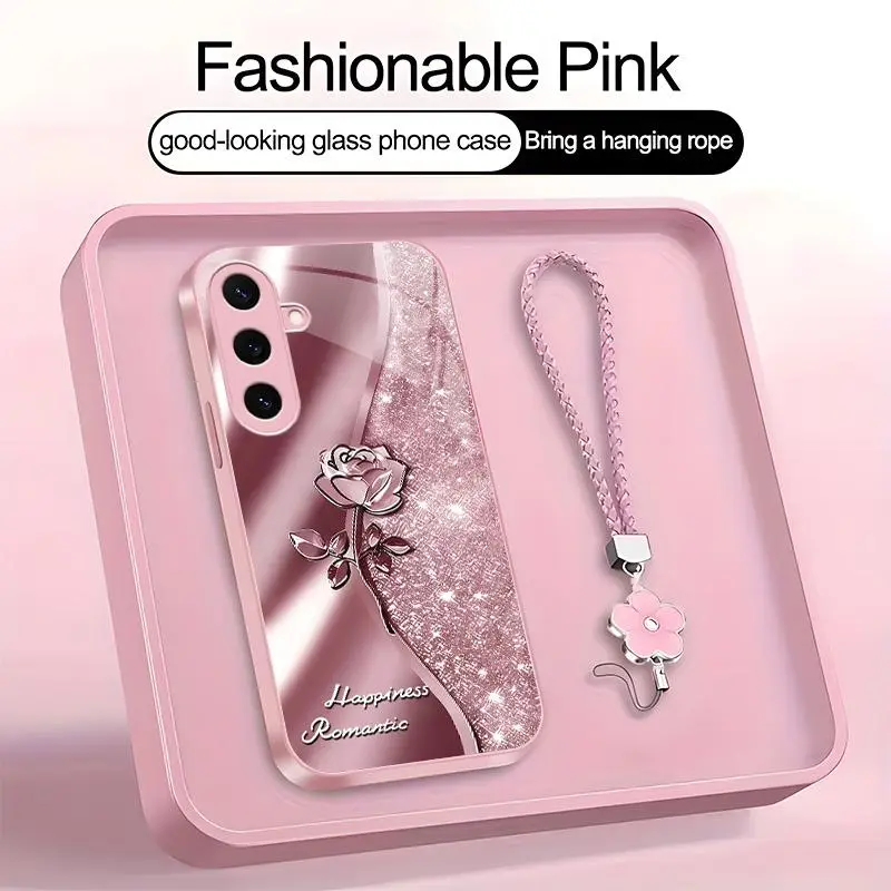 Suitable for [Galaxy S25+] high-end phone case，a beautiful four-leaf clover lanyard is included,printed case, no glitter，exquisite high-quality rose pattern,a variety of colors are available for you to choose from YM99