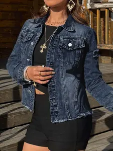 Women's Plus Size Casual Long Sleeve Denim Jacket Coats, Ripped Hem Design, Plain Color Fitted Top, Trendy Fashionable Outerwear