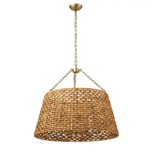 Farmhouse Painted Gold 6-Light Unique Hand Woven Oversize Pendant Lighting Fixture