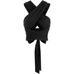 Womens Ribbed Halter Crop Top Ruched Lace-up Cropped Cami Bandana Top Criss Cross Wrap Print Tank Top Soft