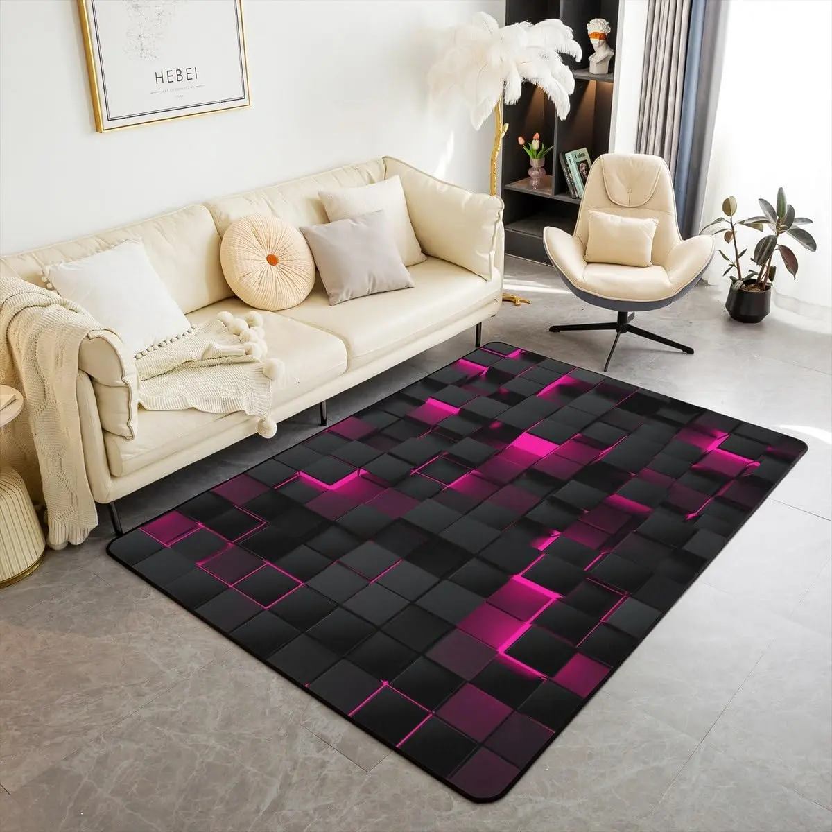 Neon Hot Pink Black Area Rug 3x5 Geometric Checkered Carpet,Abstract Plaid Grid Stereoscopic Brick Wall Design Decorative Rug