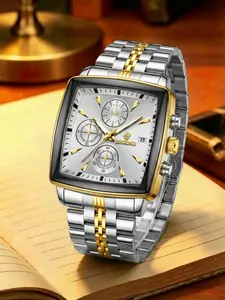 A men's multifunctional square business steel strip fashionable three eye six pin Quartz Analog Watch square dial wristwatch Business Fashion Watches Modern Fashionable Wristwatch