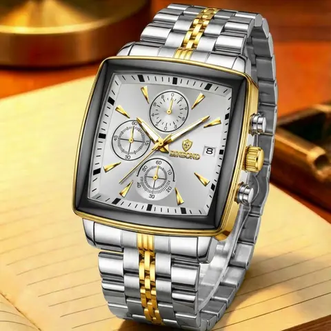 A men's multifunctional square business steel strip fashionable three eye six pin quartz watch Quartz Analog Wristwatch