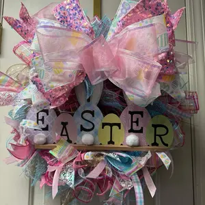 20” Indoor/Outdoor Deco Mesh Easter Wreath with Pastel Ribbons and Sequins for Spring Decor