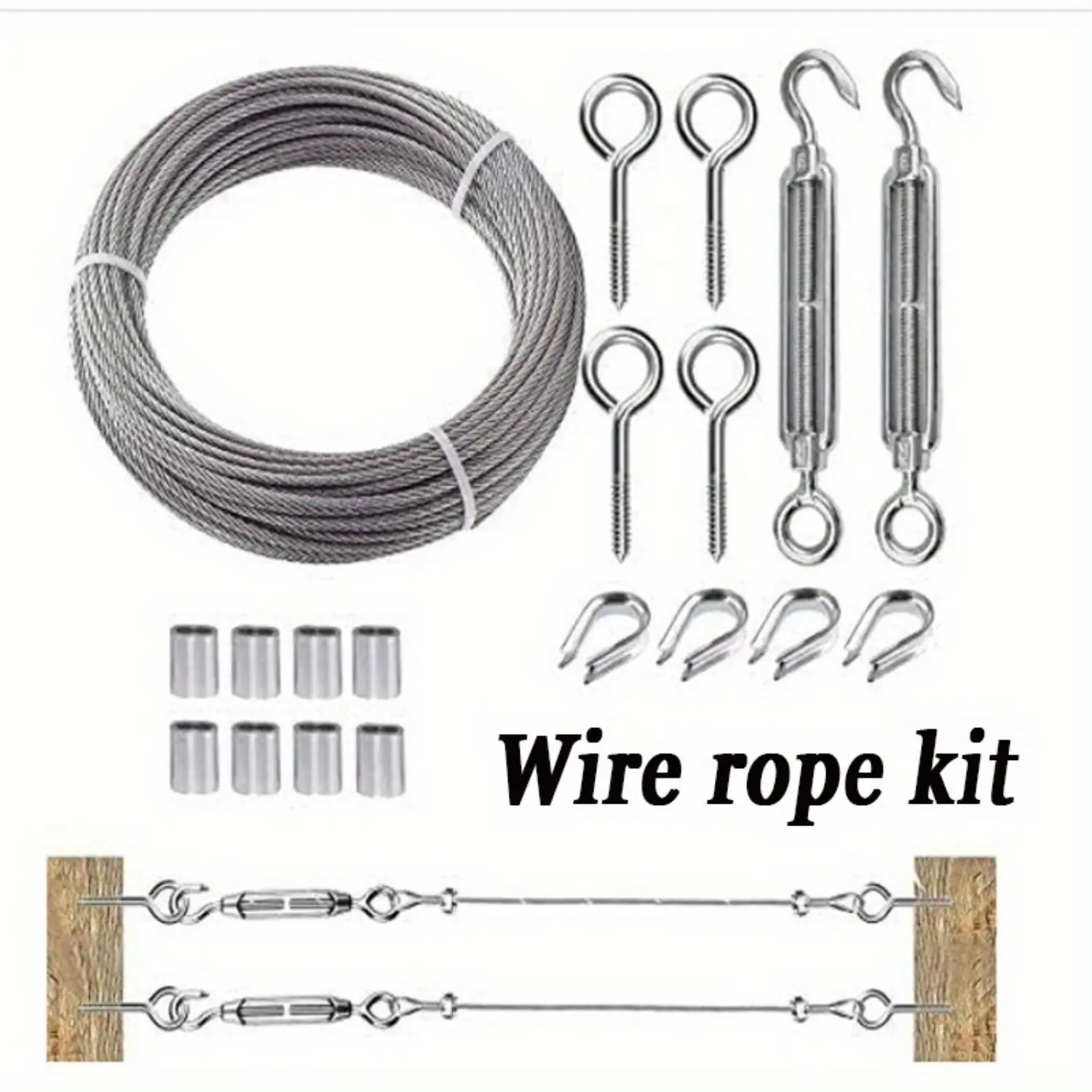 304 Stainless Steel Wire Rope Cable Kit (20M/66FT, 1/16") with Turnbuckles, Hooks, Thimbles, Crimping Loop Sleeves, Eye Screws for Clothesline, Deck Railing - Home Improvement Building Supplies, Thimble, Adjustable Railing Kit, Sturdy