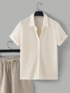 Men's Casual Short Sleeve Summer Shirt, Hollow Out Mesh Button-Up Top, Solid Color Beach Vacation Fashion, Outdoor Sports Wear