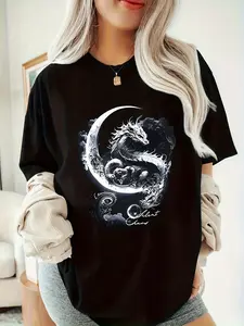 Silent Claws Text Dragon Pattern Print Women's Round Neck Short Sleeve Soft Skin-Friendly T-Shirt, Spring/Summer Casual Printed Short Sleeve Top, Ideal Gift Targeted Style ZD012853