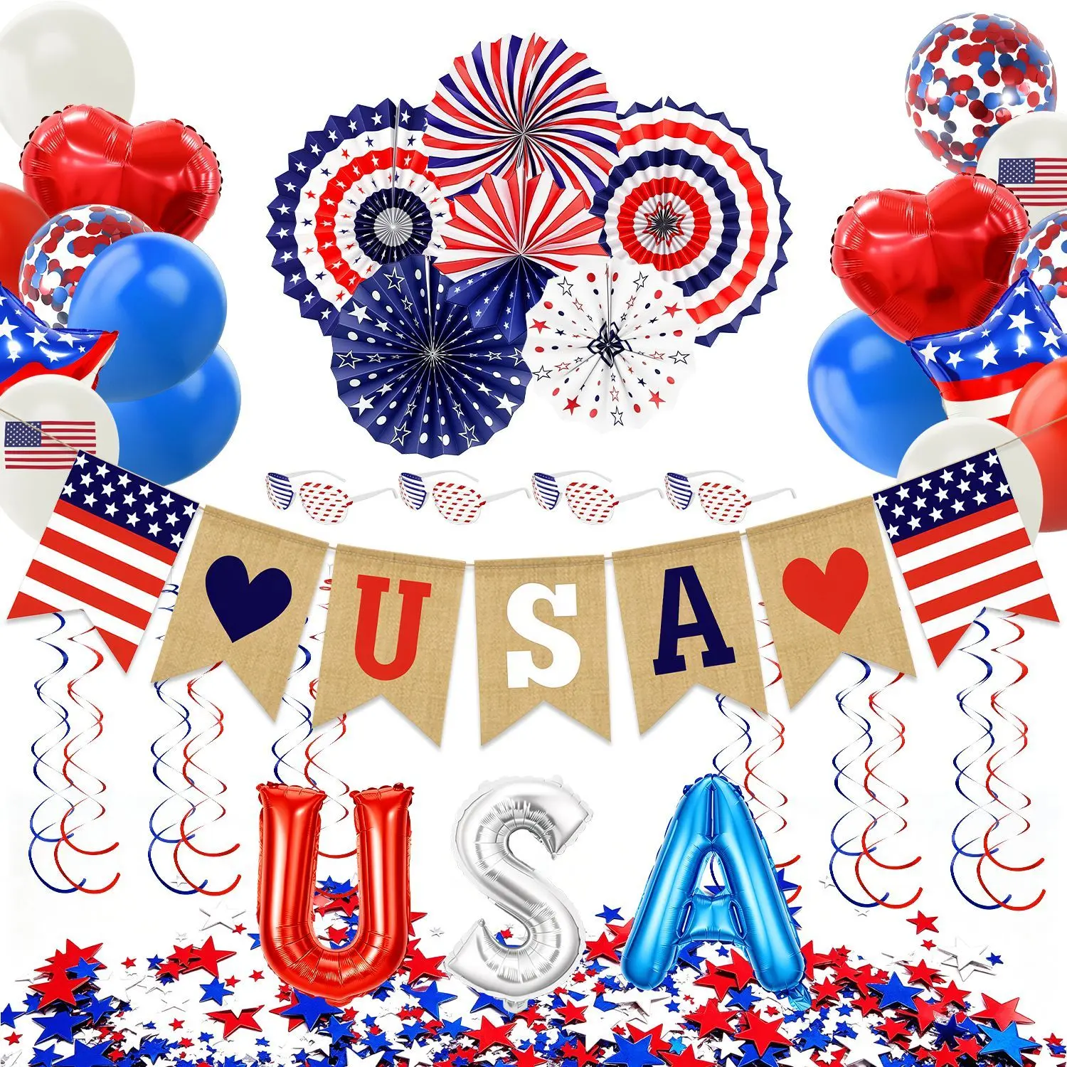 4th of July Decorations Set,Patriotic Party Supplies with USA Foil Balloons Paper Fans Confetti Balloons Hanging Streamers Star Confetti Flags for Independence Day Memorial Day Veterans Day