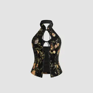 Cider Jacquard Mandarin Collar Floral Tie Front Cut Out Tank Top