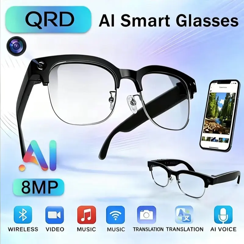 Qrd Smart Ai Camera Glasses, 8mp 1080P HD Photo Capture, Auto Color-Changing Lenses, Travel Recording, Voice Calls, Language Translation