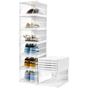 Upgrade Clear Foldable Shoe Storage Organizer, No Assembly 6 Tiers Shoe Box with Fully Clear Door, Plastic Stackable Shoe Rack for Sneakers, Sturdy Shoe Storage Containers Bins