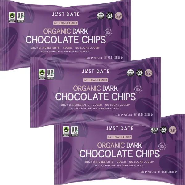 Just Date Organic Date-Sweetened Dark Chocolate Chips *No Sugar Added* GF Vegan 3 Ingredients 7 oz