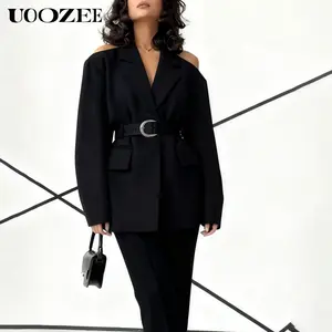 UOOZEE Women's Autumn Polyester Chic Notched Hollow-Shoulder A-Line Jacket - Smooth Fabric, Belt, Pockets, Street Style Top for Office Ladies - Pair with Jeans, Skirt, Strap Tee