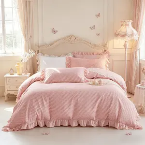 3-Piece Pink Diagonal Stripe Duvet Cover Set with Ruffle & Frill Design.Includes 1 duvet cover and 2 pillowcases, no filling.Soft and comfortable bedding for home bedroom decoration.Perfect birthday gift.