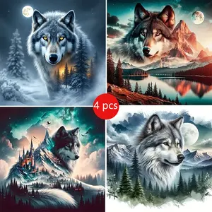 4pcs Diamond Painting Kit Wolf Landscape, DIY 5D Full Drill Round Art Set, Diamond Art Tools, Home Wall Decor for Adults Beginners, No Frame Required