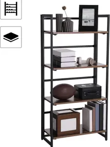 Industrial Bookshelf - Folding 4-Tier Ladder Shelf, Wood Look Accent Furniture with Metal Frame