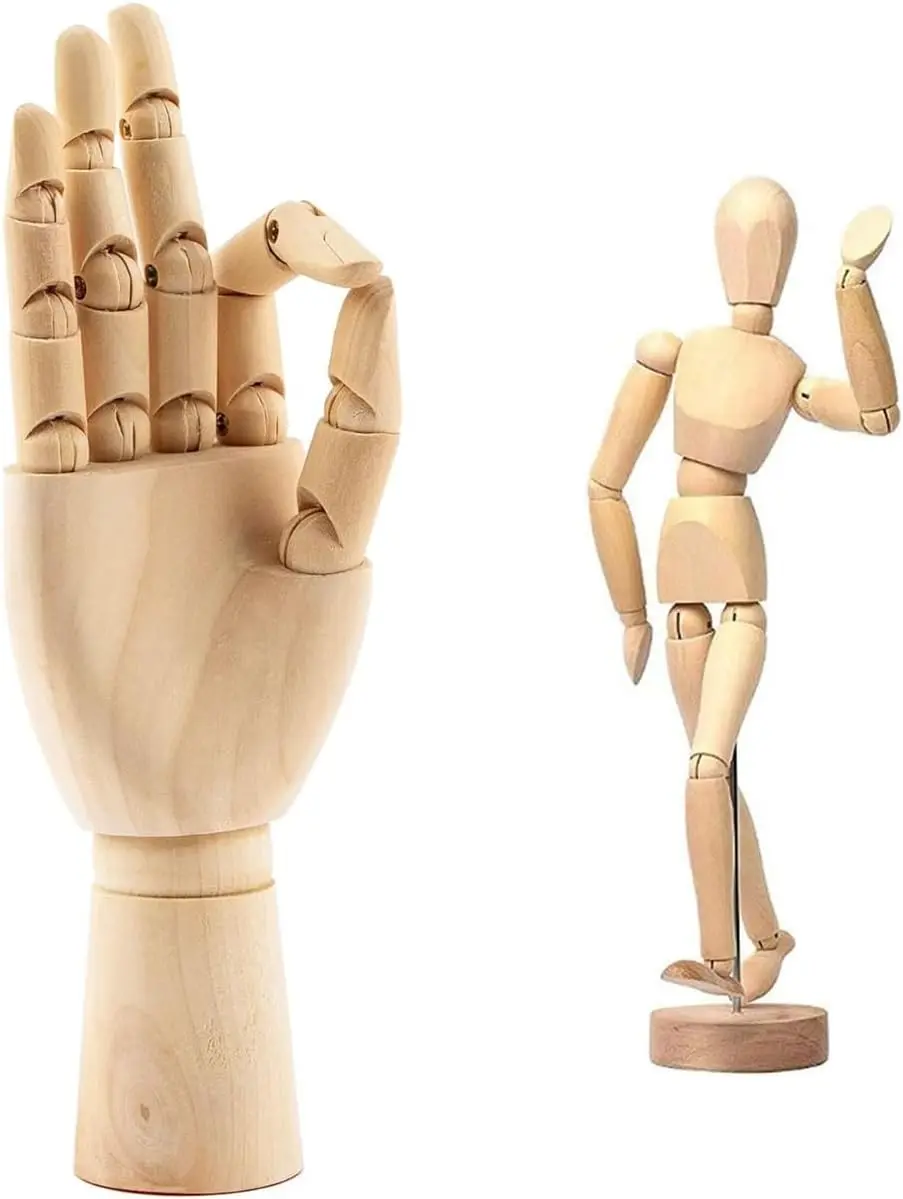 12" Art Drawing Hand Model,8" Artist Wooden Mannequin Figure Human People Dolls Manikin Supplies Stop Motion Figure Kit,Wooden Tools Posable Figure for Drawing,Painting,Sketching