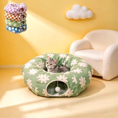 Shaped Donut Pet Tunnel Bed– 2-in-1 Zip-Together Play & Nap Solution - Washable, Warm, Cozy,  Home Calming Accessory with Washable Circle Cushion for Indoor Cats ,Puppies & Bunnies