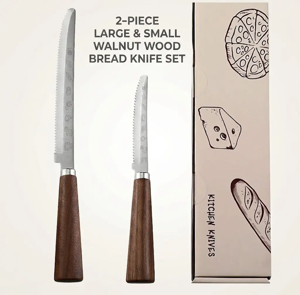 Kitchenware 2-Size Walnut Wooden Handle Serrated Bread Knives Set, Cute Engraved Pattern, Ultra Sharp Rustproof 420 Stainless Steel Blades, Ergonomic Multipurpose Slicer for Sourdough, Baguette，double edge serrated bread knife