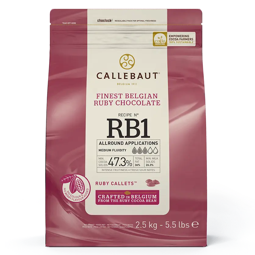 Callebaut Ruby Couverture Chocolate Callets RB1, 5.5 lb (2.5 kg) Pure Ruby Cocoa Bean Chocolate, Chemical-Free, No Colorants, No Fruit Flavorings, No Preservatives, Natural Flavor for Baking & Crafting